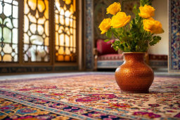 um vaso com flores amarelas em um tapete