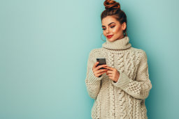 Woman Using Smartphone in Cozy Sweater