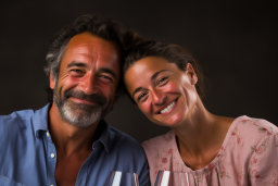 a man and woman smiling with wine glasses