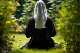 Une personne dans une robe noire assise dans l'herbe