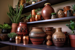 a shelf with pots and plants