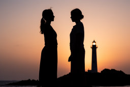 a silhouette of two women standing next to a lighthouse