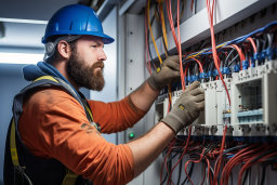 Un uomo che indossa un cappello e guanti che lavorano su apparecchiature elettriche