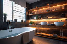 a bathroom with a tub and shelves