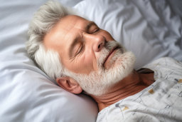 Um homem com barbas brancas dormindo na cama