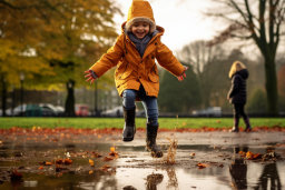 a child jumping in a puddle