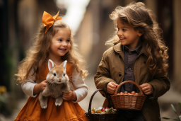 two children holding a rabbit and a basket of eggs