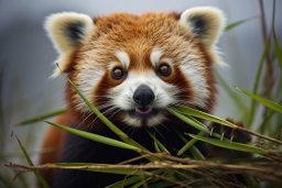 un panda rouge mangeant de l'herbe