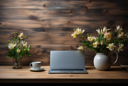 un laptop e fiori in un vaso su un tavolo