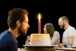 a man looking at a cake with a lit candle