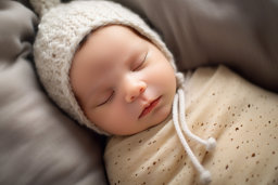 a baby sleeping in a white hat