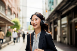 uma mulher usando fones de ouvido e sorrindo