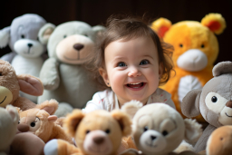 Un bebé sonriendo junto a los animales de peluche