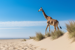 a giraffe walking on sand