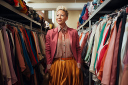 Une femme dans une veste rose et une jupe orange debout dans un magasin de vêtements