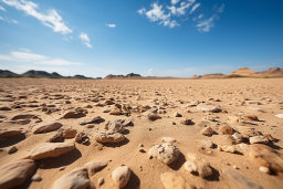 a sandy area with rocks and blue sky