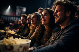 a group of people sitting in a row eating popcorn