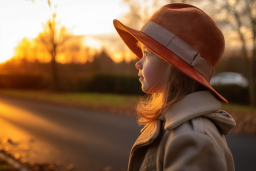 Egy gyerek egy kalapban, amely a naplementét nézi