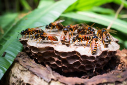 a group of bees on a piece of wood