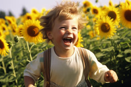 a child running in a field of sunflowers