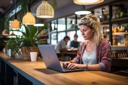 Una donna seduta a un tavolo con un laptop
