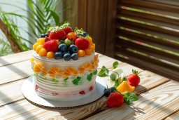 Fresh Fruit Layer Cake on Wooden Table