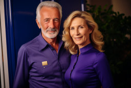 un homme et une femme en chemises violettes
