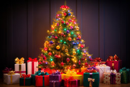 Christmas Tree with Colorful Lights and Gifts