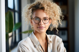 a woman with curly blonde hair wearing glasses