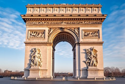 a large stone arch with statues with Arc de Triomphe in the background