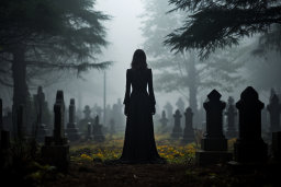 Une femme dans une longue robe noire dans un cimetière