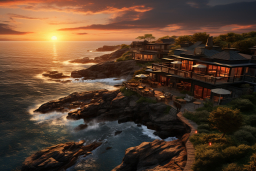a building on a rocky shore with a sunset