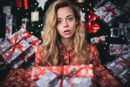 a woman with long blonde hair holding presents