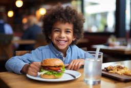 un enfant souriant dans une assiette de nourriture