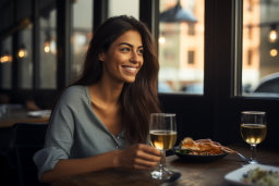 Une femme souriant à une table avec de la nourriture et un verre de vin
