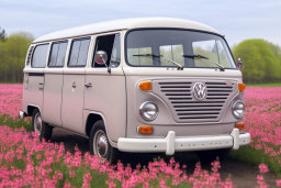 a white van parked in a field of pink flowers