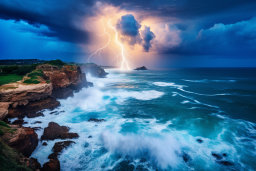 lightning striking a rocky beach