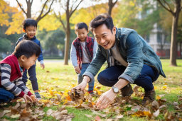 a man and kids playing with leaves