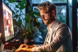 Un uomo in abito e occhiali che lavorano su un computer