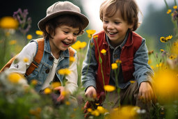Dos niños en un campo de flores