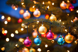 Christmas Ornaments and Lights on Tree