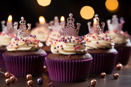un groupe de cupcakes avec une couronne et des paillettes