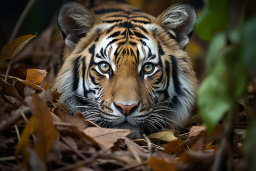 Un tigre couché dans les feuilles