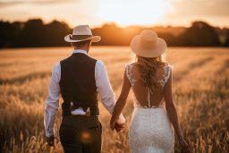Couple Walking Through Field at Sunset