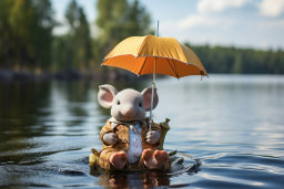un animal en peluche dans un costume tenant un parapluie dans l'eau
