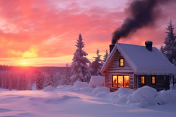 Winter Sunset Over Snowy Cabin