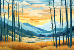 Une peinture d'un paysage avec des arbres et des montagnes