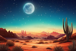 a desert landscape with a moon and stars