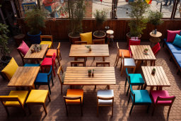 eine Gruppe von Tischen und Stühlen auf einer Terrasse