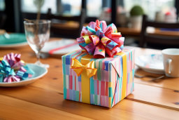uma caixa de presente com um arco em uma mesa